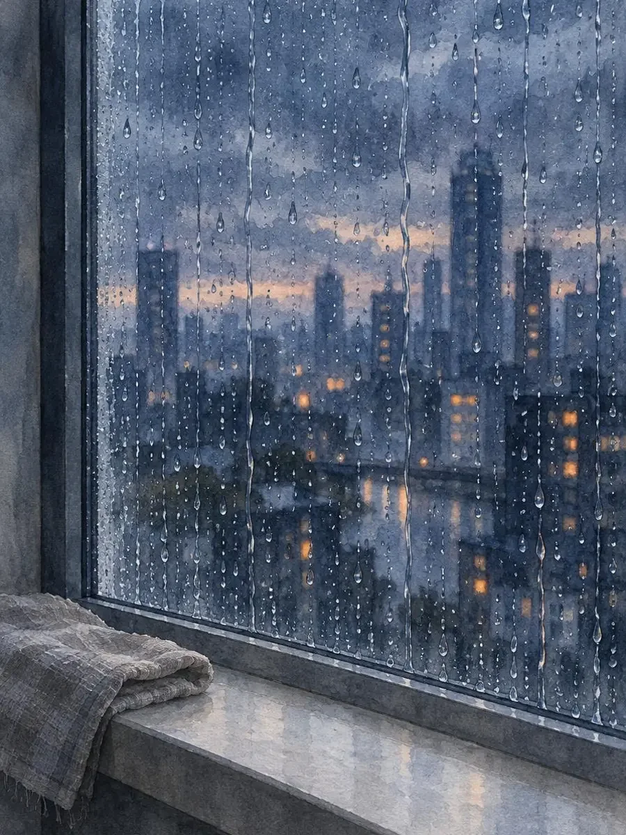 浅灰蓝的雨窗壁纸，雨滴覆盖的窗玻璃与窗外虚化的雾蓝城市